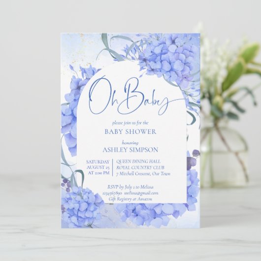 Babyblau-Hydrangeas-Dusche Einladung (Stehend Vorderseite)