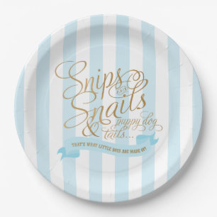 Babyblaue gestreifte Snips und Schnecken-Papierpla Pappteller