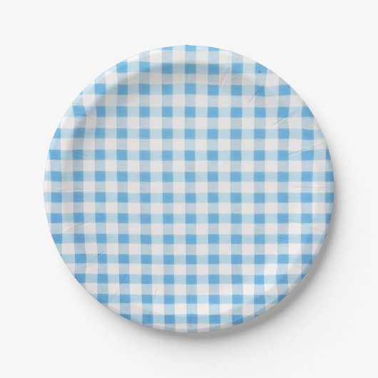 Babyblaue Gingham Pappteller (Vorderseite)