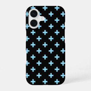 Babyblaue Punkte-Kreuze auf Schwarz iPhone 16 Hülle