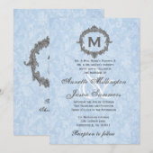 Babyblauer Damast Graue Vintage Monogramm-Hochzeit Einladung (Vorne/Hinten)