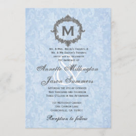 Babyblauer Damast Graue Vintage Monogramm-Hochzeit Einladung