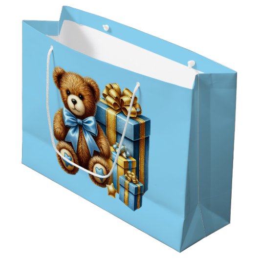Babyblauer Teddybär Große Geschenktüte (Vorderseite Schrägansicht)