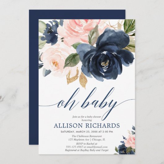 Babyblütendusche, Rosa und blaue Mädchendusche Einladung (Vorne/Hinten)