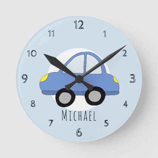 Babyboys Doodle Blue Car Kinderzimmer Runde Wanduhr (Vorderseite)