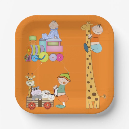 Babyboys mit Kinderzimmer-Train Giraffe und Wagon Pappteller (Vorderseite)