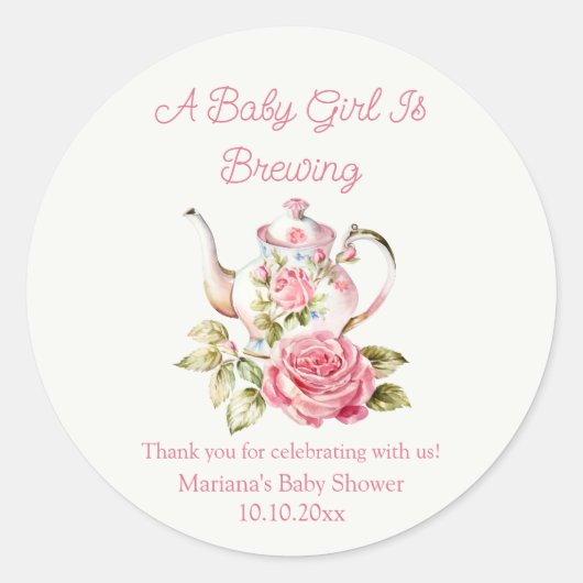 Babybrauen Rosa Blumentee Party Babydusche Runder Aufkleber (Vorderseite)