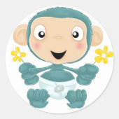 Babychimp mit Blume Runder Aufkleber (Vorderseite)