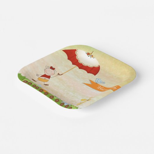 Babyduschbahn mit Tieren und Regenschirm Pappteller (Gewinkelt)