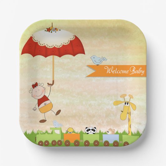 Babyduschbahn mit Tieren und Regenschirm Pappteller (Vorderseite)