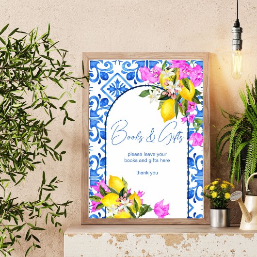 Babyduschbücher und Geschenkschild Blue Tiles Lemo Poster