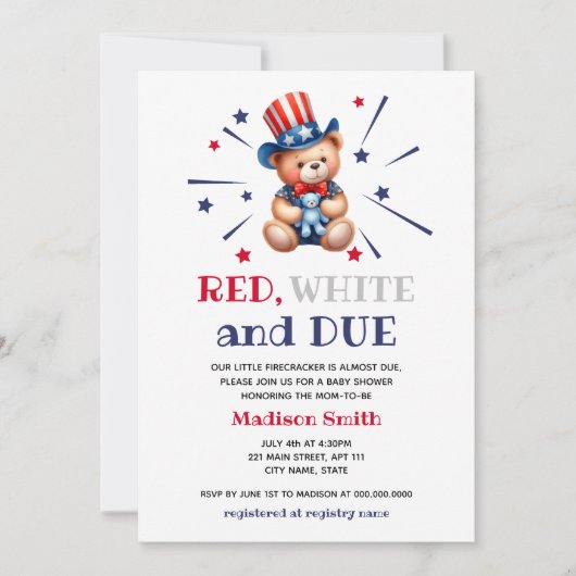 Babydusche 4. Juli Bärenrot weiß und angemessen Einladung (Vorderseite)