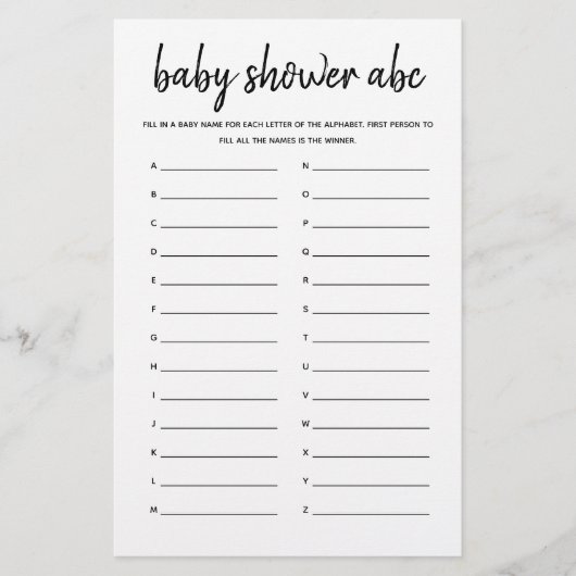 Babydusche ABC Minimalistisch Baby Shower Game (Vorderseite)