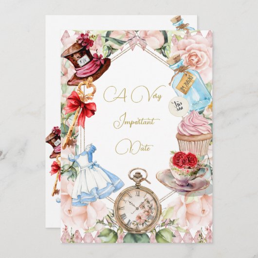 Babydusche Alice im Wunderland Blumenrosa Einladung (Vorne/Hinten)