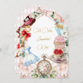 Babydusche Alice im Wunderland Blumenrosa Einladung (Vorne/Hinten)