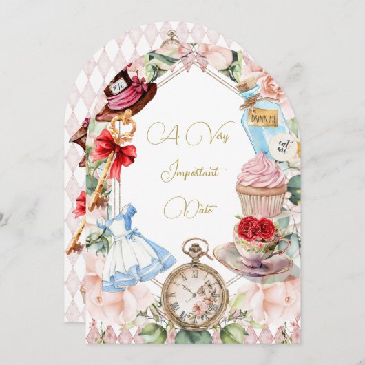 Babydusche Alice im Wunderland Blumenrosa Einladung (Vorne/Hinten)