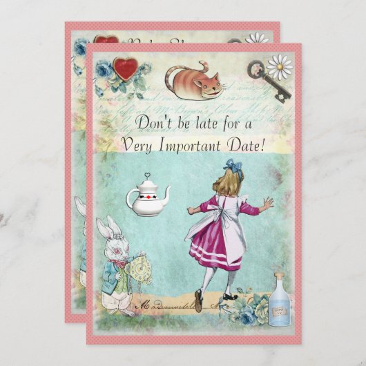 Babydusche Alice im Wunderland nicht zu spät Einladung (Vorne/Hinten)