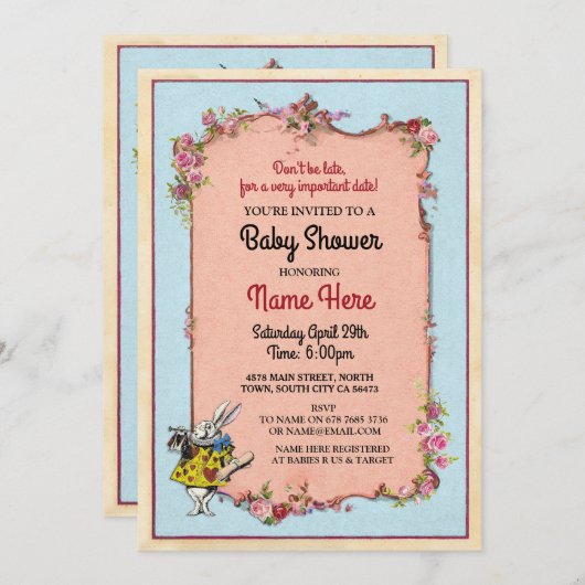 Babydusche Alice Wonderland Rabbit Party Einladung (Vorne/Hinten)