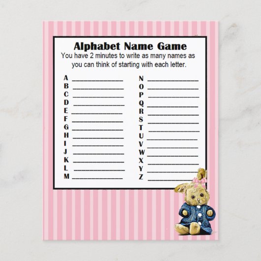 Babydusche Alphabet Name BINGO Game Bunny Flyer (Vorne)
