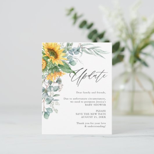 Babydusche Änderung der Pläne Sonnenblume Eukalypt Postkarte (Stehend Vorderseite)