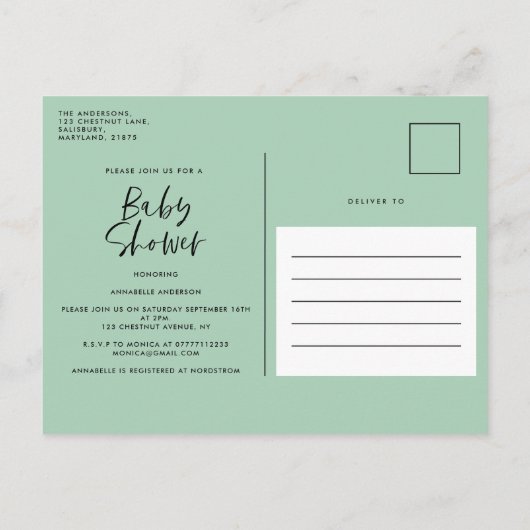 Babydusche Aquarellgrün rosa Blumenschrift Einladungspostkarte (Rückseite)