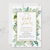 Babydusche, Aquarellgrün und Goldfolie Einladung (Vorderseite)