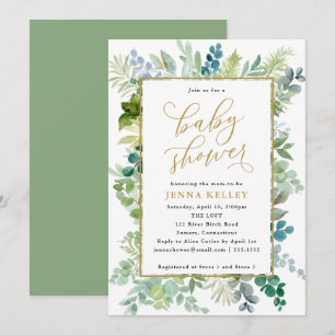 Babydusche, Aquarellgrün und Goldfolie Einladung