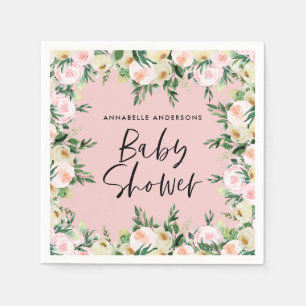 Babydusche Aquarellpinke, mädchenhafte Blumenschri Serviette