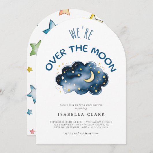 Babydusche auf Mond und Stars Wir sind über dem Mo Einladung (Vorne/Hinten)