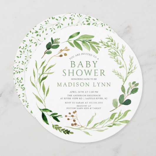 Babydusche aus botanischem grünem Leaf Einladung (Vorne/Hinten)