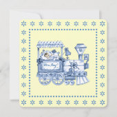 Babydusche aus Gelb und Blauer Bahn Einladung (Vorderseite)