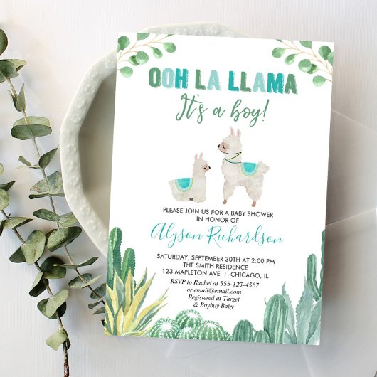 Babydusche aus Lama und Kakteen Einladung