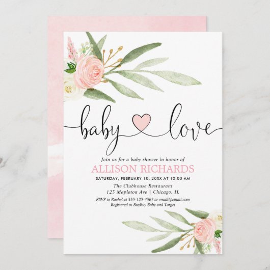 Babydusche aus Liebe Rosa goldfarbene Dusche Einladung (Vorne/Hinten)