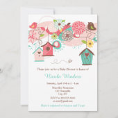 Babydusche aus rosa und grünem Blumenvogel Einladung (Vorderseite)