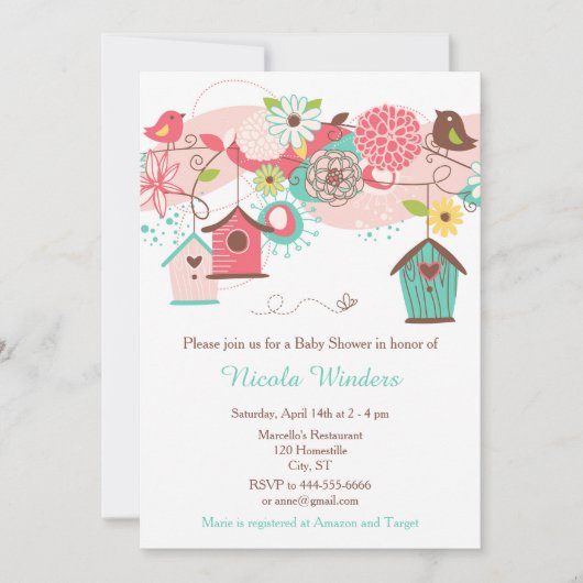 Babydusche aus rosa und grünem Blumenvogel Einladung (Vorderseite)