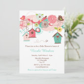 Babydusche aus rosa und grünem Blumenvogel Einladung (Stehend Vorderseite)
