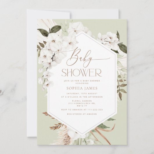 Babydusche aus Sage boho Pampas Einladung (Vorderseite)