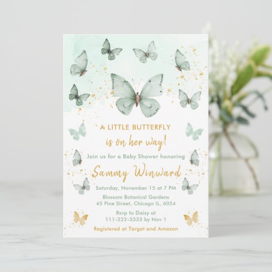 Babydusche aus Sage Green und Gold Butterfly Einladung (Stehend Vorderseite)