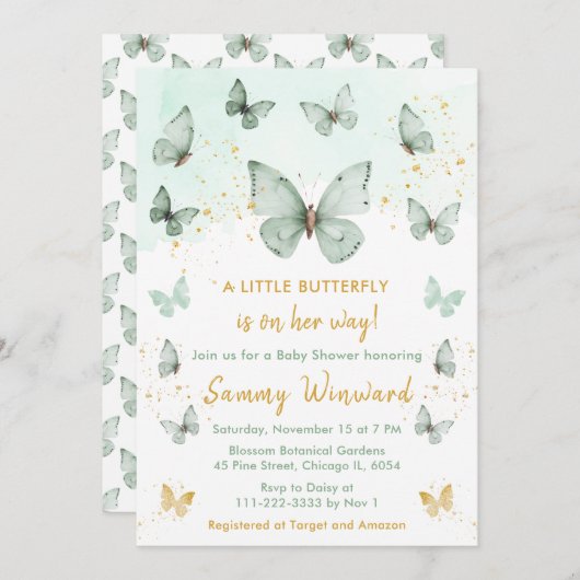 Babydusche aus Sage Green und Gold Butterfly Einladung (Vorne/Hinten)