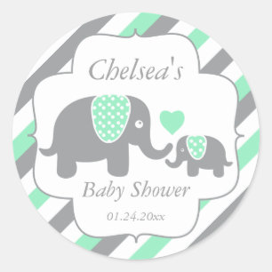 Babydusche aus Weiß, Grün und Grau Stripe Runder Aufkleber