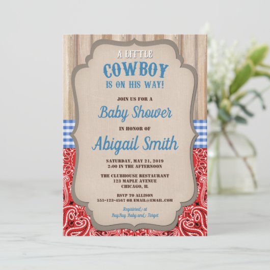 Babydusche Bandana blaues Rot des Cowboy-Westerns Einladung (Stehend Vorderseite)