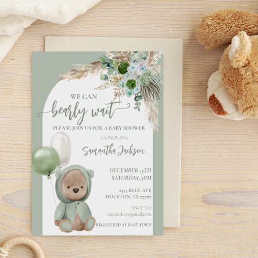 Babydusche Bearly Wait Green Boho Bear Einladung