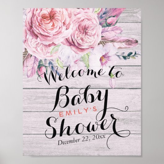 Babydusche Begrüßung Aquarell Flor Rustikales Holz Poster (Vorne)
