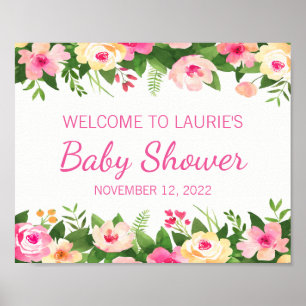 Babydusche Begrüßungsschild Rosa und grüne Blüte Poster