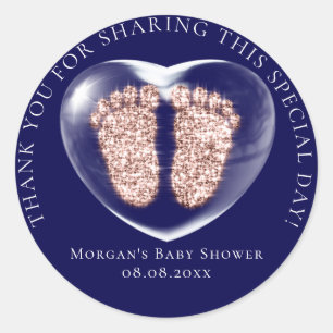 Babydusche begünstigen Bubble Hearts Feet Navy Ros Runder Aufkleber