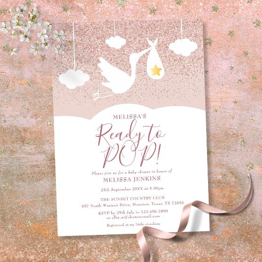 Babydusche Bereit zum Pop Stork Rose Gold Glitzer Einladung