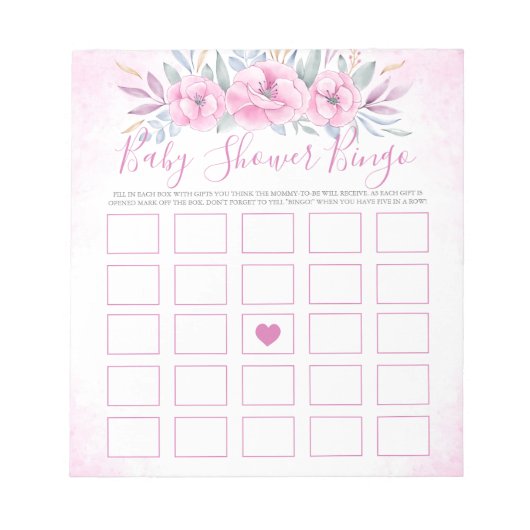 Babydusche Bingo Blush Pink Blume Wasserfarbe Notizblock (Vorderseite)