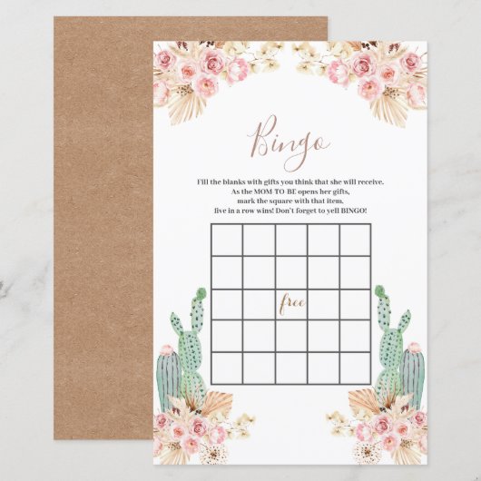 Babydusche Bingo Boho Cactus Pink Blume (Vorne/Hinten)