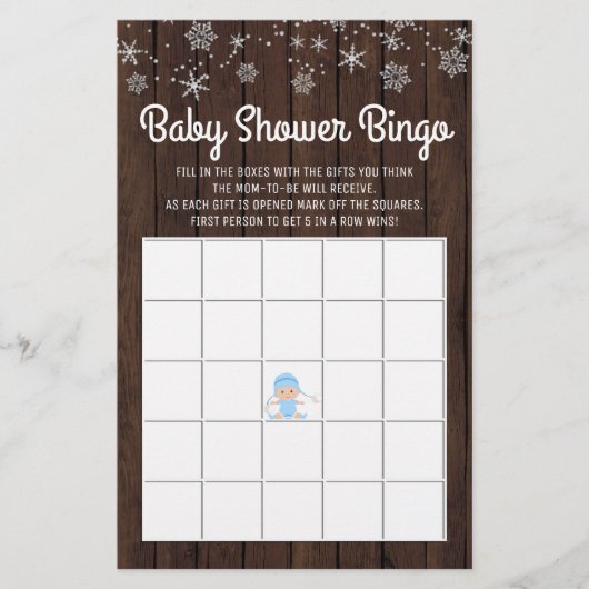 Babydusche Bingo Boy Rustikale Snowflake Bingo Kar (Vorderseite)