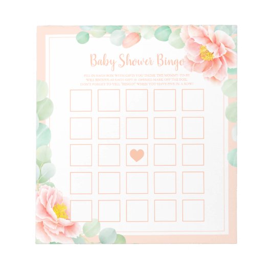 Babydusche Bingo Eucalyptus Foliage Peony Peach Notizblock (Vorderseite)